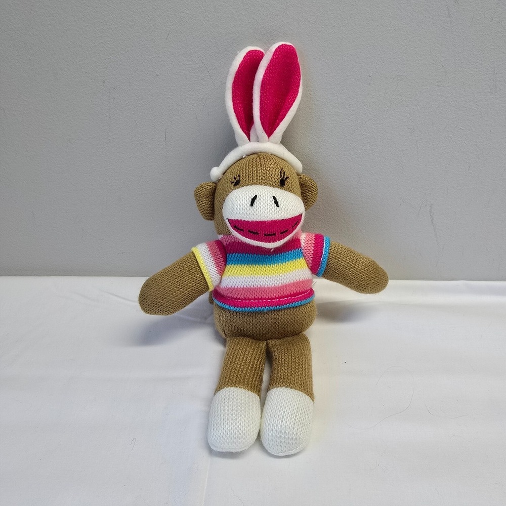 Sock Monkey Plush‎ 12” Bunny Ears Rainbow Sweater Knit Stuffed Animal Doll